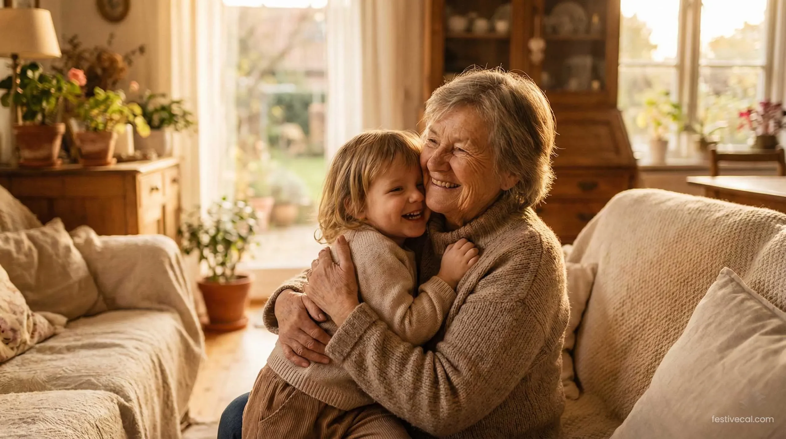 Grandchild hugging grandmother, celebrating Mother's Day.