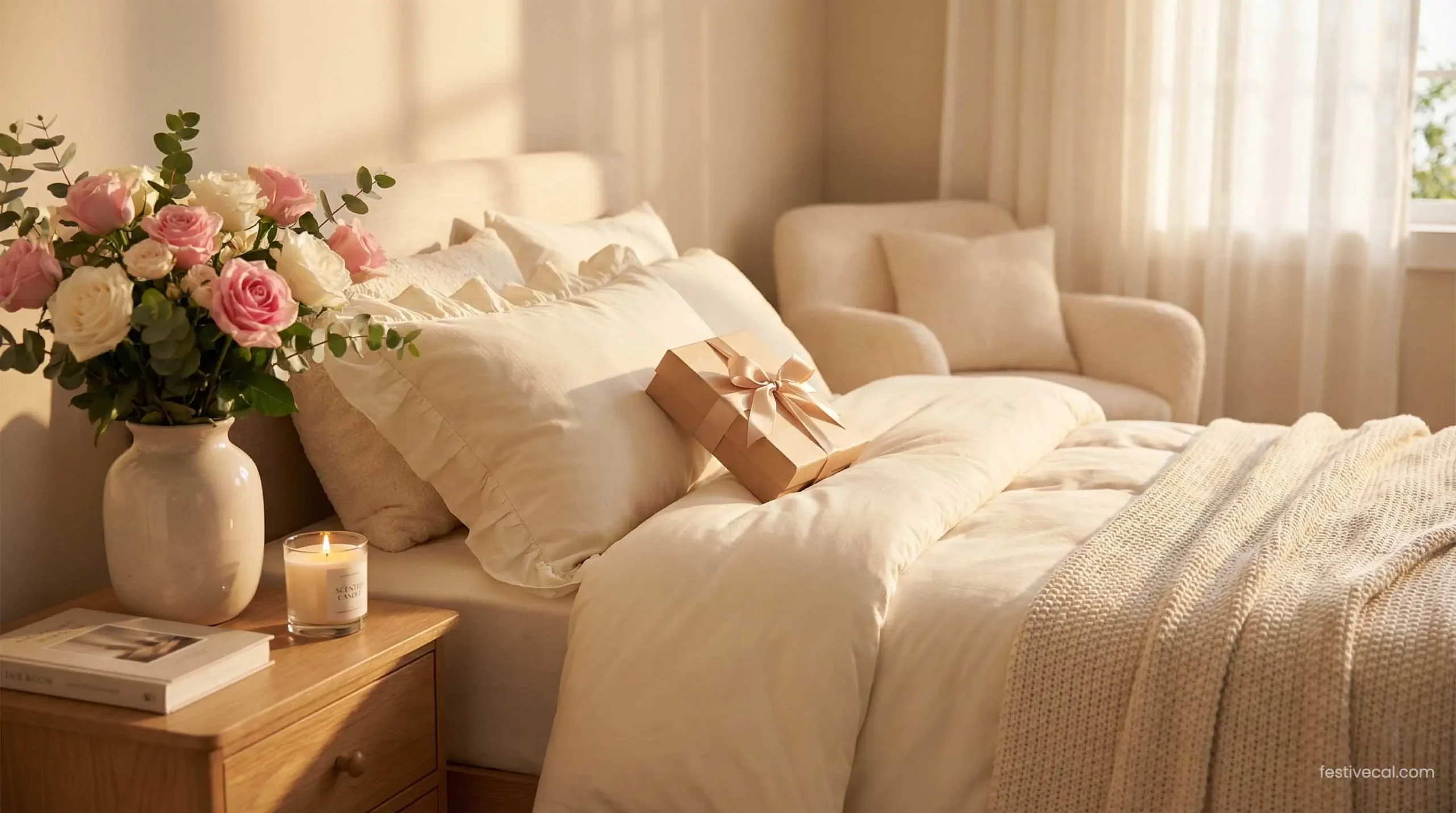 Preparing the bedroom for a romantic Valentine's Day surprise.