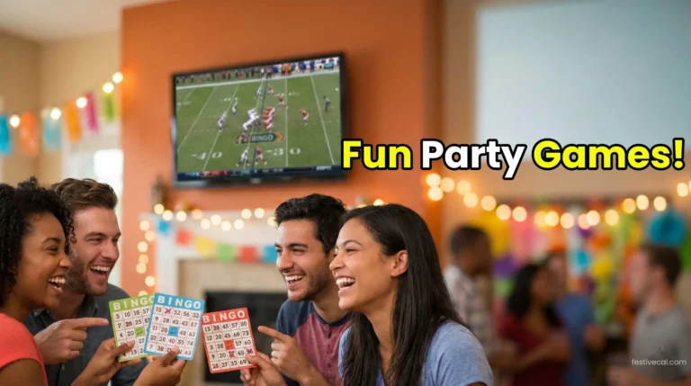 Friends playing Super Bowl 2026 party games and bingo.