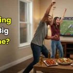 Friends celebrating Super Bowl 2026 party with food and games.