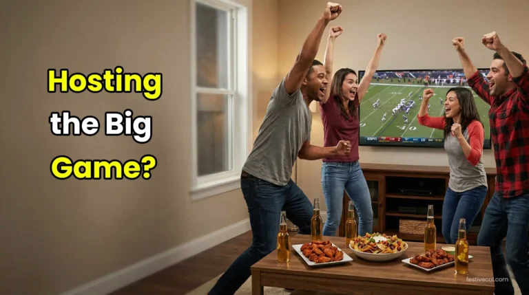 Friends celebrating Super Bowl 2026 party with food and games.