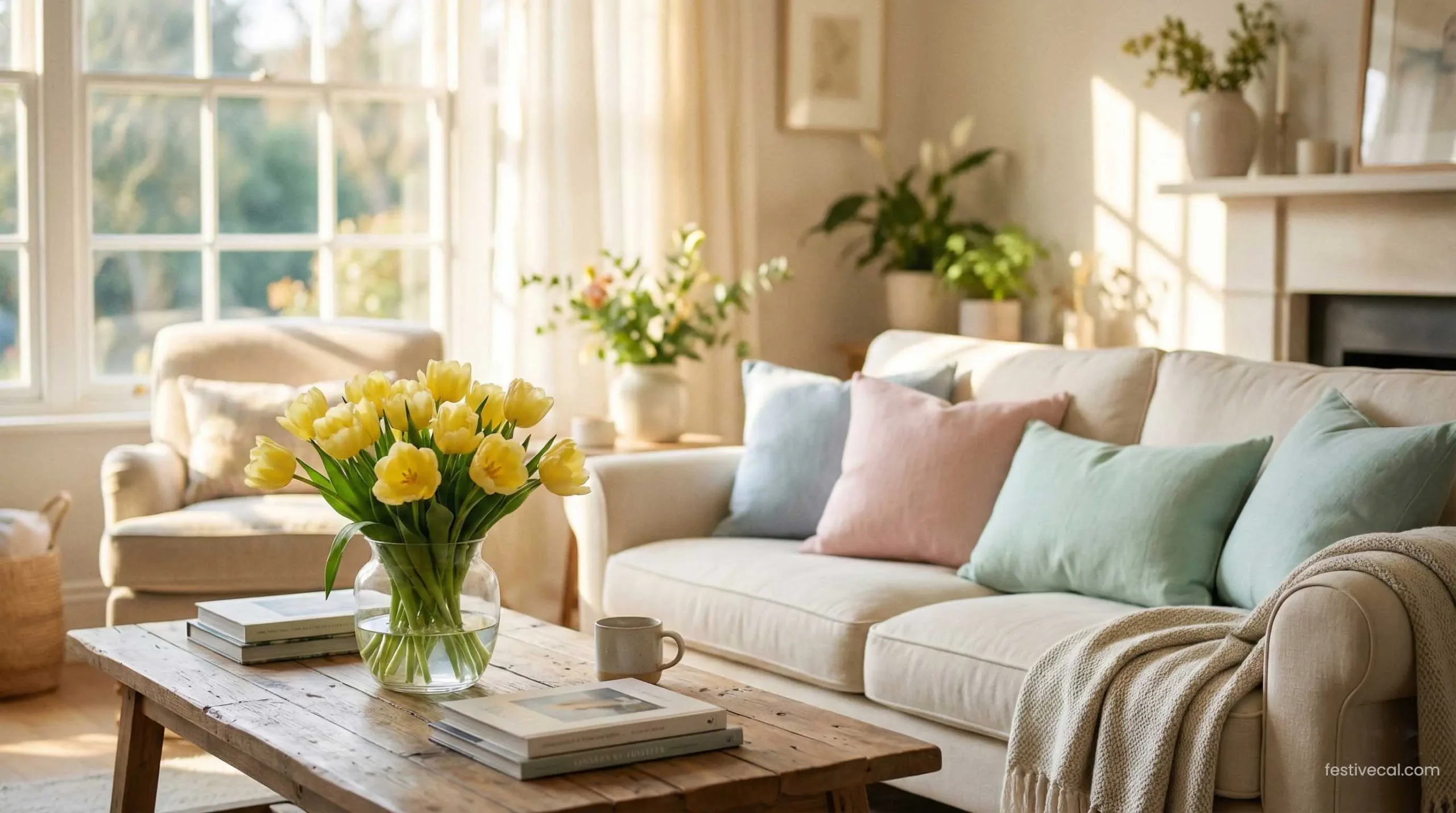 Spring 2026 home decor trends with fresh flowers and pastel colors.